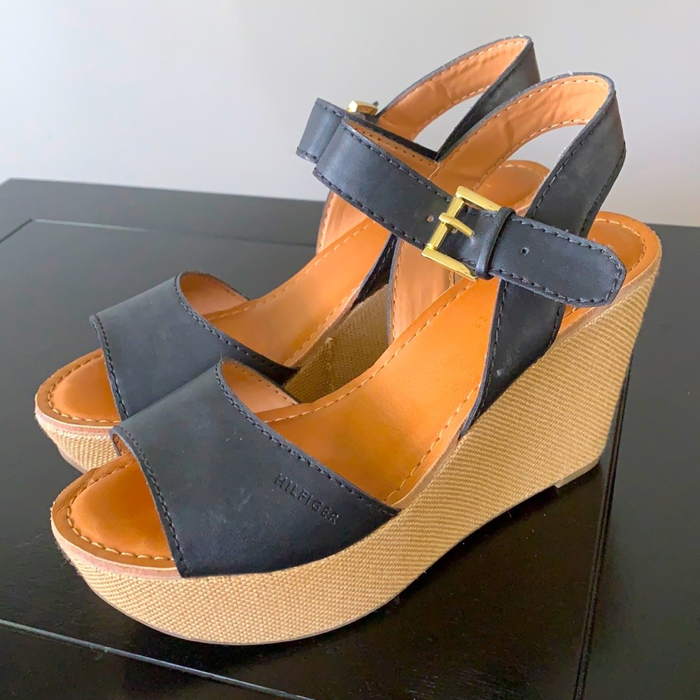 Tommy Hilfiger Black Leather and Tan Wedge Sandals
